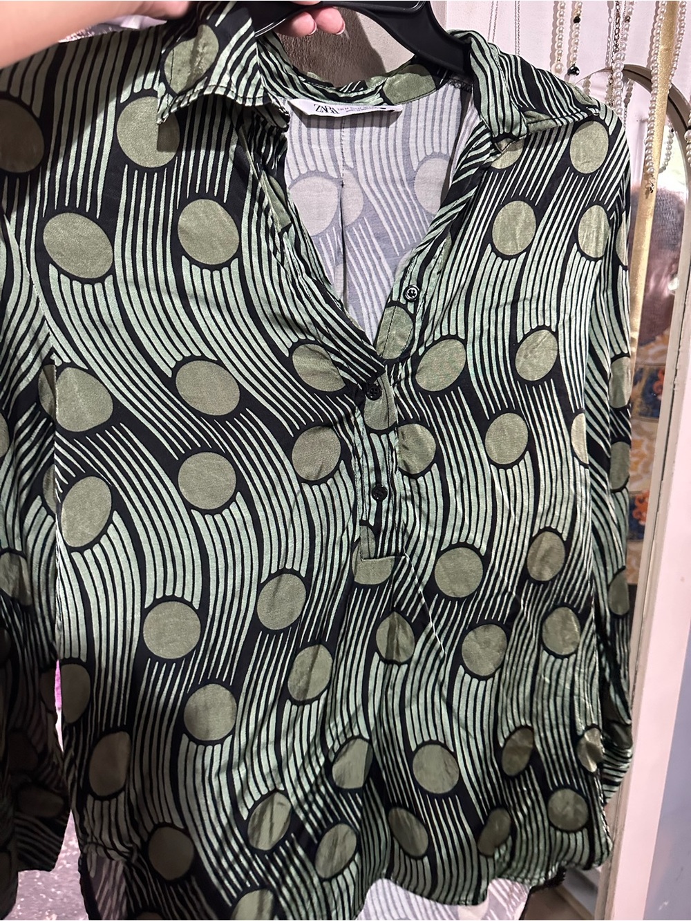 Zara Black and Sage Green Geometric Button-Down Shirt